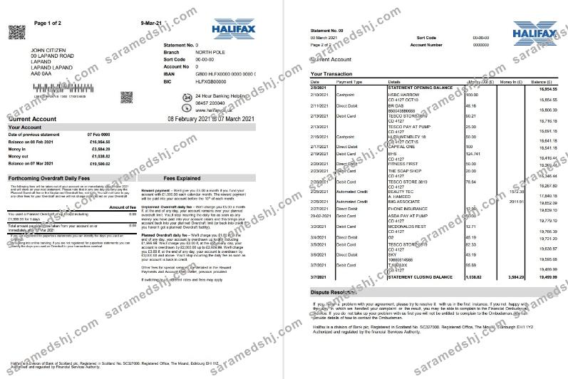 United Kingdom Halifax bank proof of address statement template in Excel and PDF format (2 pages)